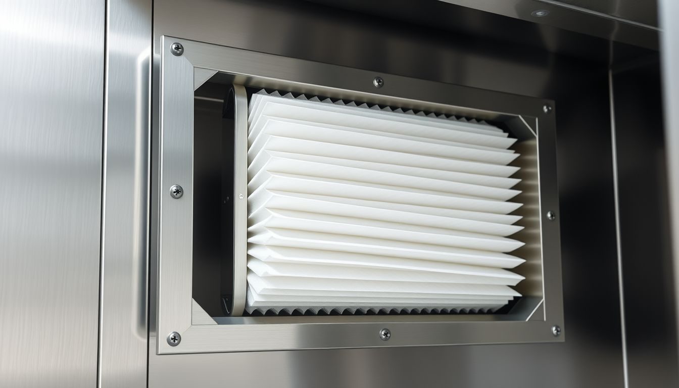 Symbolbild: pleissierter HEPA-Schwebstofffilter in einem Edelstahlrahmen eines Filtersystems